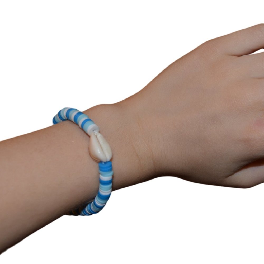 Handmade Cowrie Shell Clay Beads Elastic Kids Bracelet Blue 2.5 length in half